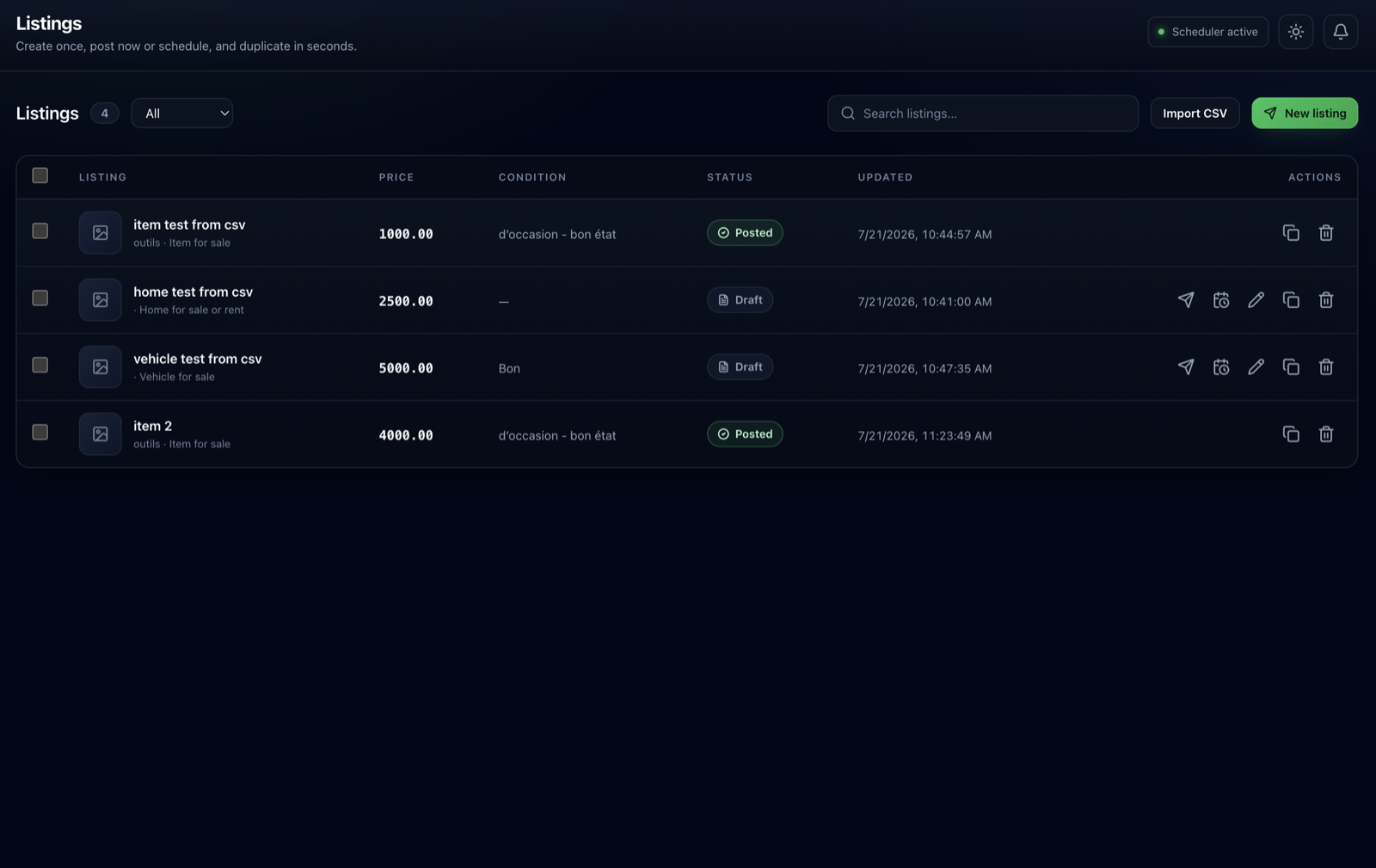 Listings: Build it once, or import a CSV.