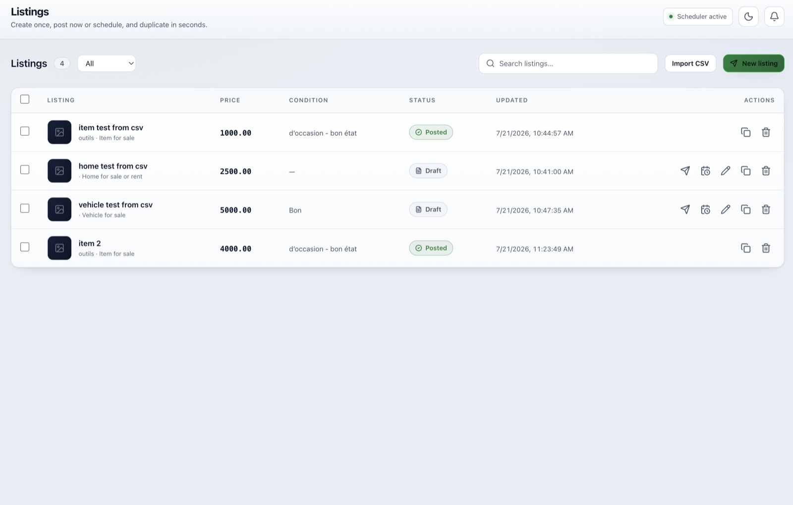 Listings: Build it once, or import a CSV.